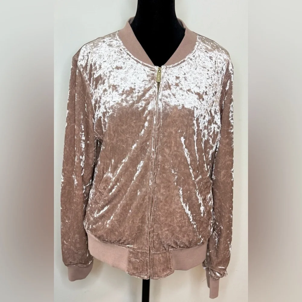 Sanctuary light pink crushed velvet girly feminine jacket coat full zip med EUC
